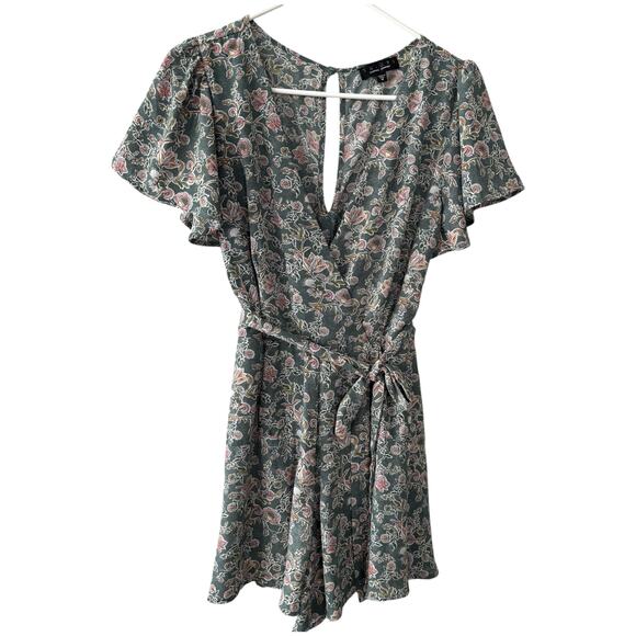 Trixxi Green Floral Romper Waist Tie Keyhole Opening Back Women's Size Medium - Picture 1 of 8